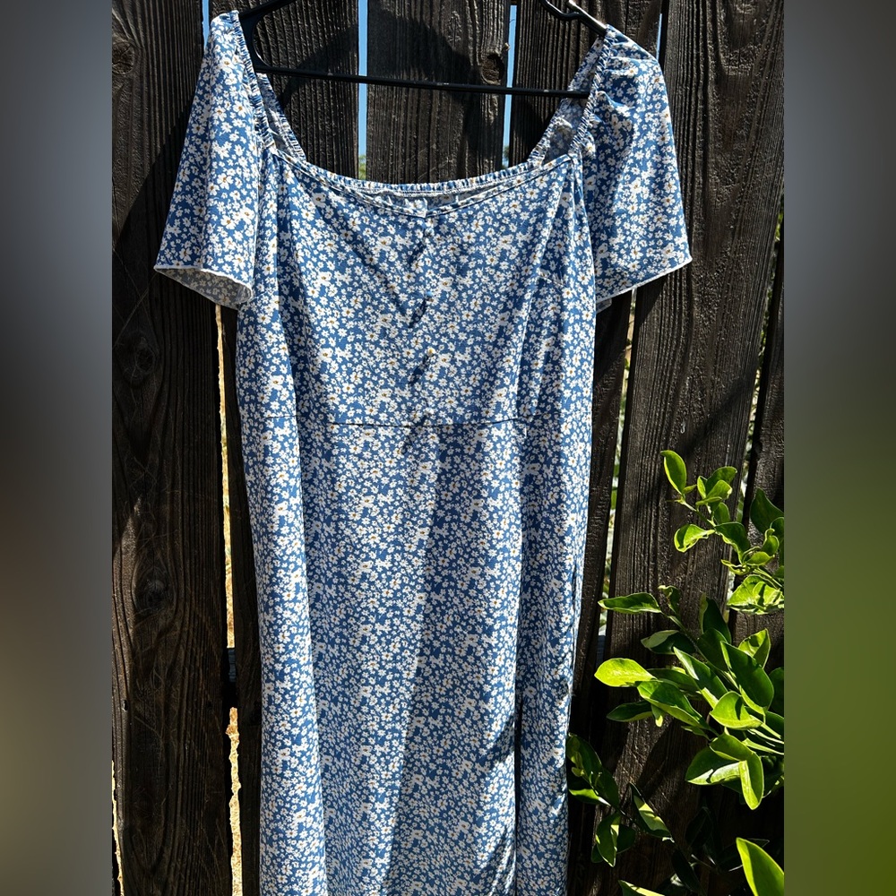 SHEIN White and Blue Off the Shoulder Mini Sundress